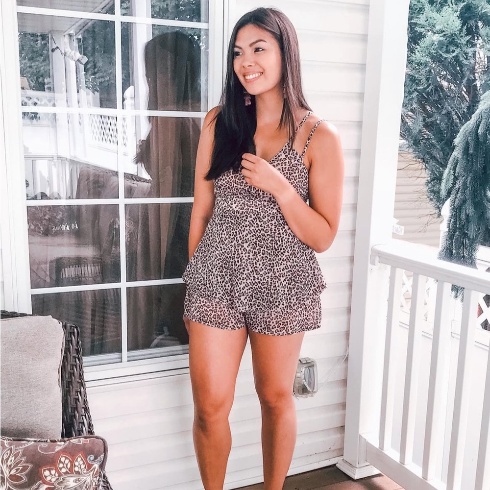 Le Lis Brown Leopard Print Jumpsuit Spaghetti Straps